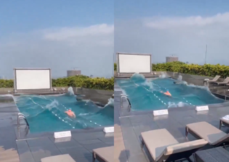 在大地震中游泳！五星飯店出現大浪 頂樓泳池變瀑布
