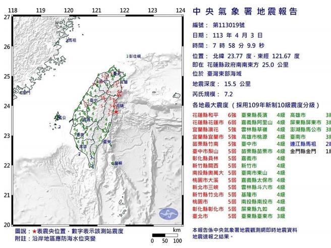 花蓮地區今天上午7時58分發生規模7.2強震。（圖取自氣象署網頁）
