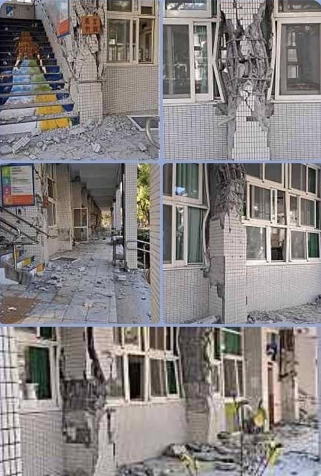 花蓮女中磁磚破裂、鋼筋外露。（林憶君提供／楊亞璇璇台北傳真）