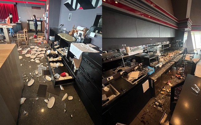 典藏33观景餐厅现场一片狼藉，店家宣布今天暂停营业。（典藏33观景餐厅提供）