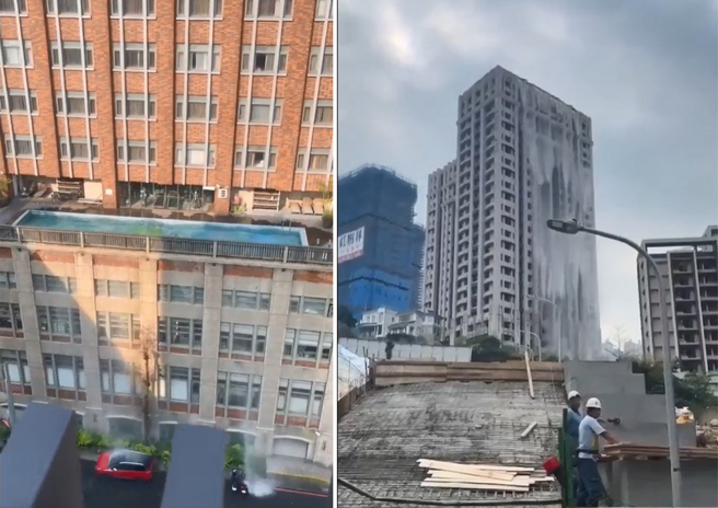 新北市社區頂樓泳池，中壢飯店頂樓泳池，因為地震搖晃，泳池的水傾瀉而出。（翻攝爆料公社）
