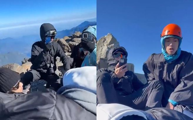 有一群大学生攀爬玉山，一行人攻顶时正准备拍学士照，不料，却遇上花莲7.2强震，吓得所有人赶紧坐下紧紧抓住。（图／山友授权提供）