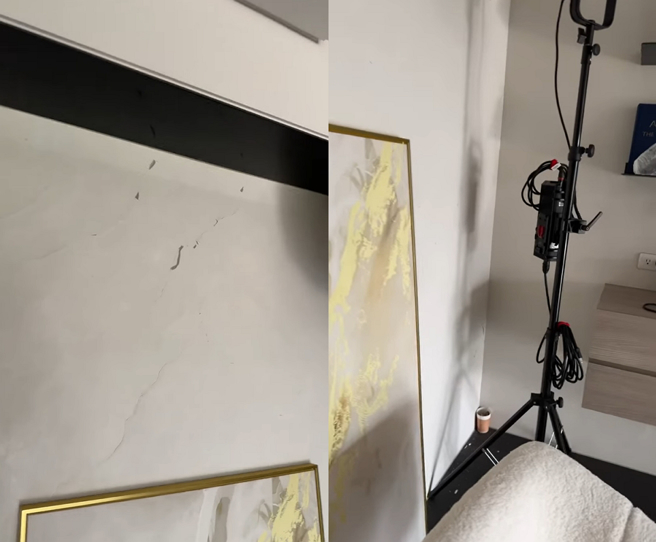 曾莞婷的8500萬豪宅地震後牆壁出現龜裂。（圖／摘自曾莞婷臉書）