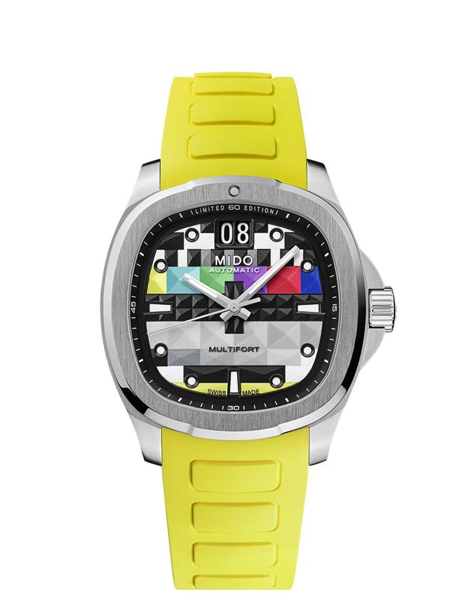 美度表推出先鋒系列TV大日期窗腕表，表盤讓人聯想到復古懷舊的彩色電視機，4萬4800元。（MIDO提供）