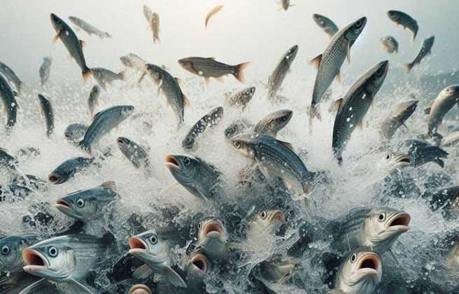 強震預告？ 地震前數千虱目魚「群魚亂跳」，躍出水面逃生畫面震憾。（示意圖／AI生成）