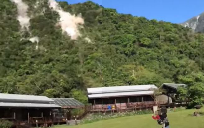 有山月村住客拍下，當7.2強震來襲時，多顆巨石滾落，且其中有1顆砸中小屋，嚇得住客們逃離，還有媽媽抱著孩子快跑。（圖／翻攝自中天新聞）
