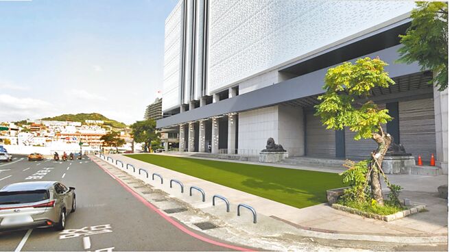 基隆市政府在文化中心前广场铺设人工草皮，除了美化也将配合展览设立装置艺术，搭配施工中的串接平台，打造成全新的艺文特区。图为完工模拟图。（基隆市政府提供／徐佑升基隆传真）