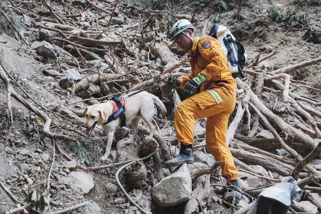 国军和搜救队挺进砂卡礑步道搜救，把握黄金救援时间，期望儘快寻获失踪人员。(军闻社提供)
