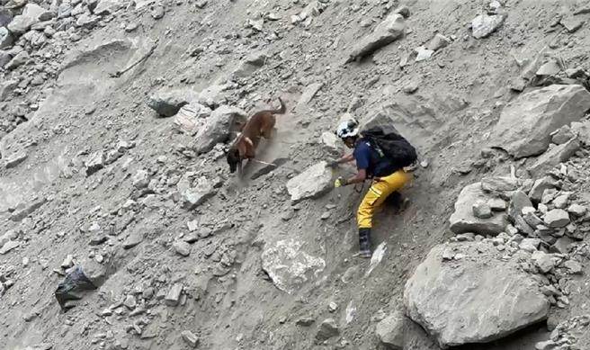 高雄市特搜隊員與搜救犬在砂卡礑步道搜救罹難者，畫面驚險萬分。（翻攝照片／洪靖宜高雄傳真）