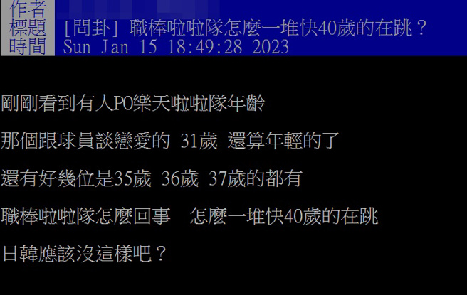 网友在PTT上以「职棒啦啦队怎么一堆快40岁的在跳」为题发文，掀起眾人热议。（图／PTT）