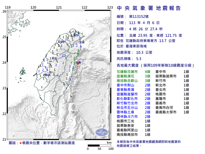台湾东部海域规模5.3「极浅层地震」。（图取自气象署网页）
