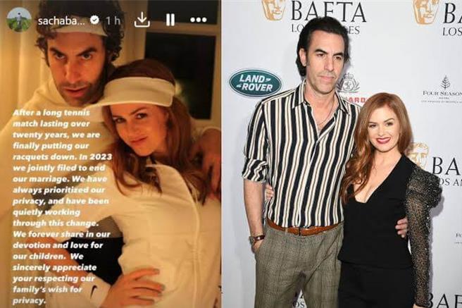 萨夏拜伦柯恩（左）、艾拉费雪共同宣布离婚消息。（摘自X@Emmanuelsblog1）