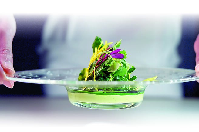 〈花蛤山菜綠沙拉〉是用茼蒿花（可食菊花）搭配花蛤，以及「植物界最高級奶油」酪梨使口感滑順，盤內一同上桌的還有過貓、皇宮菜、綠羽衣和川七花等山菜。圖／姚舜