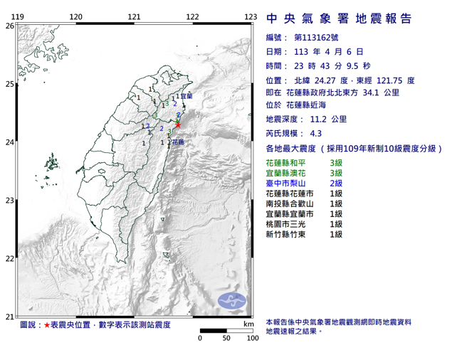 23:43，花蓮近海規模4.3地震。(圖／氣象署)
