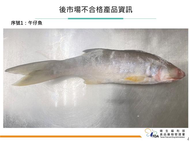 食品药物管理署抽验国内692件禽畜水产品的动物用药，其中1件午仔鱼验出违规用药「孔雀绿」。（食药署提供）