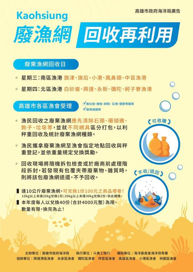 高雄市废弃渔网回收奖励4月10日开跑。（图／高雄市海洋局）
