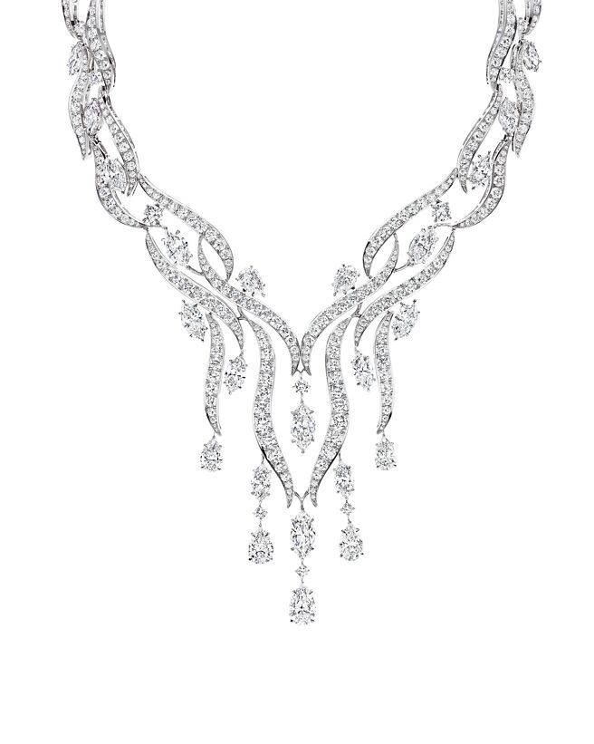海瑞溫斯頓Water系列River頂級珠寶項鍊，以不同形狀的鑽石勾勒瀑布四散飛濺的美景。（Harry Winston提供）