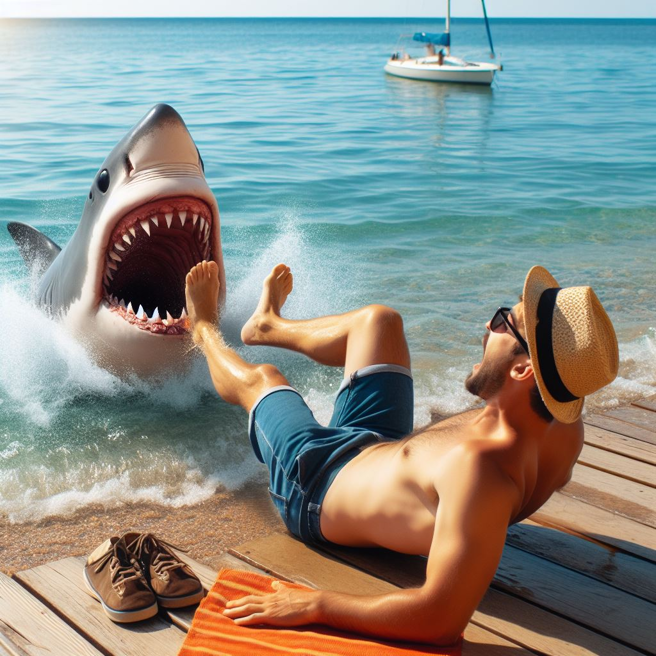 马尔地夫发生鲨鱼攻击一名男游客，大腿险遭咬断。（示意图、与本案无关／AI生成）
