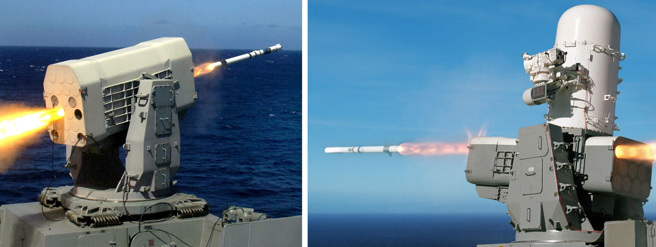 美國海軍「驅逐艦2.0現代化」升級，將加裝公羊飛彈，包括21枚飛彈的MK49型(左)，與11枚飛彈的海公羊型(右)。(圖/雷神公司)