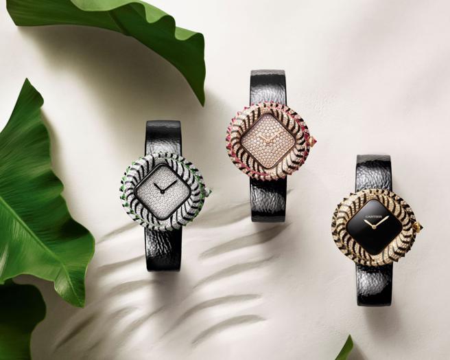 卡地亞珠寶表以珠寶勾勒動物毛皮紋，圓形表殼搭方形表盤「外圓內方」的設計，以抽象方式勾勒動物之美。（Cartier提供）
