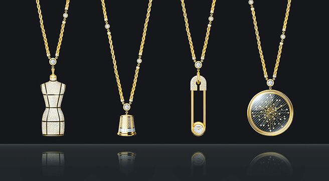 香奈兒以頂針、剪刀、別針打造各種鍊墜，向香奈兒女士致敬。（CHANEL提供）