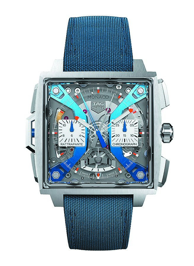 泰格豪雅Monaco雙追針計時碼表採用5級鈦金屬打造，重量僅85公克，454萬3000元。（TAG Heuer提供）