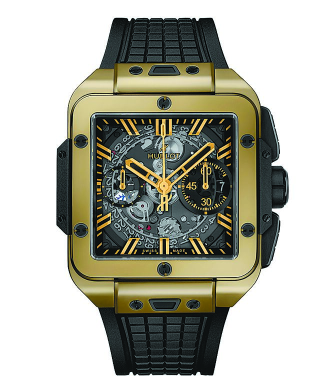 宇舶Square Bang Unico系列腕表採用魔力金表殼，為18K純金與碳化硼的合成金，比K金更加堅硬耐刮。（HUBLOT提供）