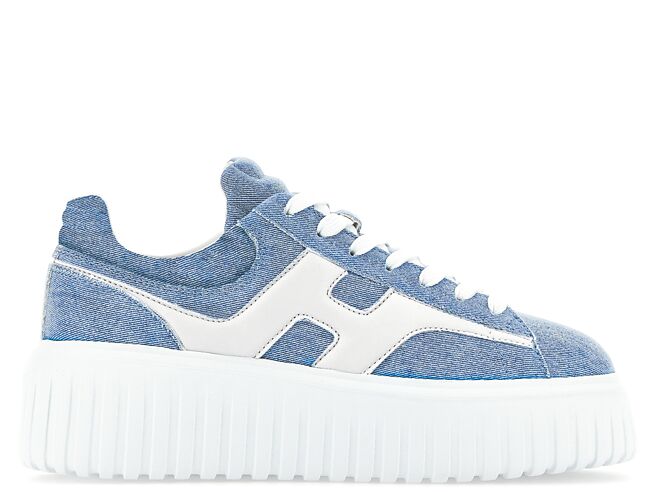 Hogan H-Stripes丹寧藍拼接小羊皮休閒鞋（台灣限定色），2萬1000元。（Hogan提供）