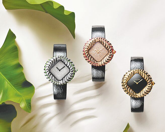 卡地亞Tigree珠寶表以珠寶勾勒動物毛皮紋，圓形表殼搭方形表盤「外圓內方」的設計，以抽象方式描繪動物之美。（Cartier提供）