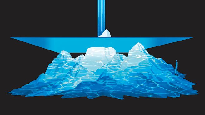 傳遞環保永續訊息的「表面之下」是一座巨大的水下島嶼，投影的水資源資訊讓人思考衛浴家具在水資源循環過程中的意義。（©Salotto.NYC）