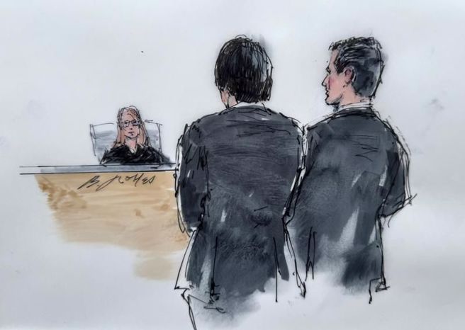 美国联邦洛杉矶法庭的素描，水原一平（中）与律师弗里德曼。（美联社）