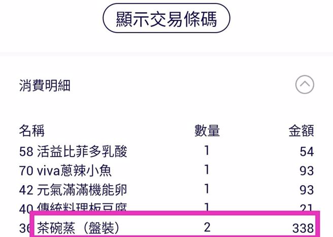 原PO查看消费明细，发现茶碗蒸被刷到「整盘」的价格。（网友授权提供）