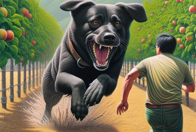 黑狗突衝出果园栅栏朝徐男扑去，导致他摔倒后颈椎受伤。（示意图、与本案无关／AI生成）