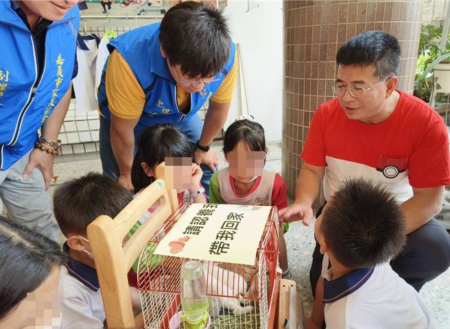 嘉义市侨平国小办理113学年度一年级新生招生，校长何宪昌（穿红衣者）用认养萌兔的生命教育吸引小朋友。（廖素慧摄）