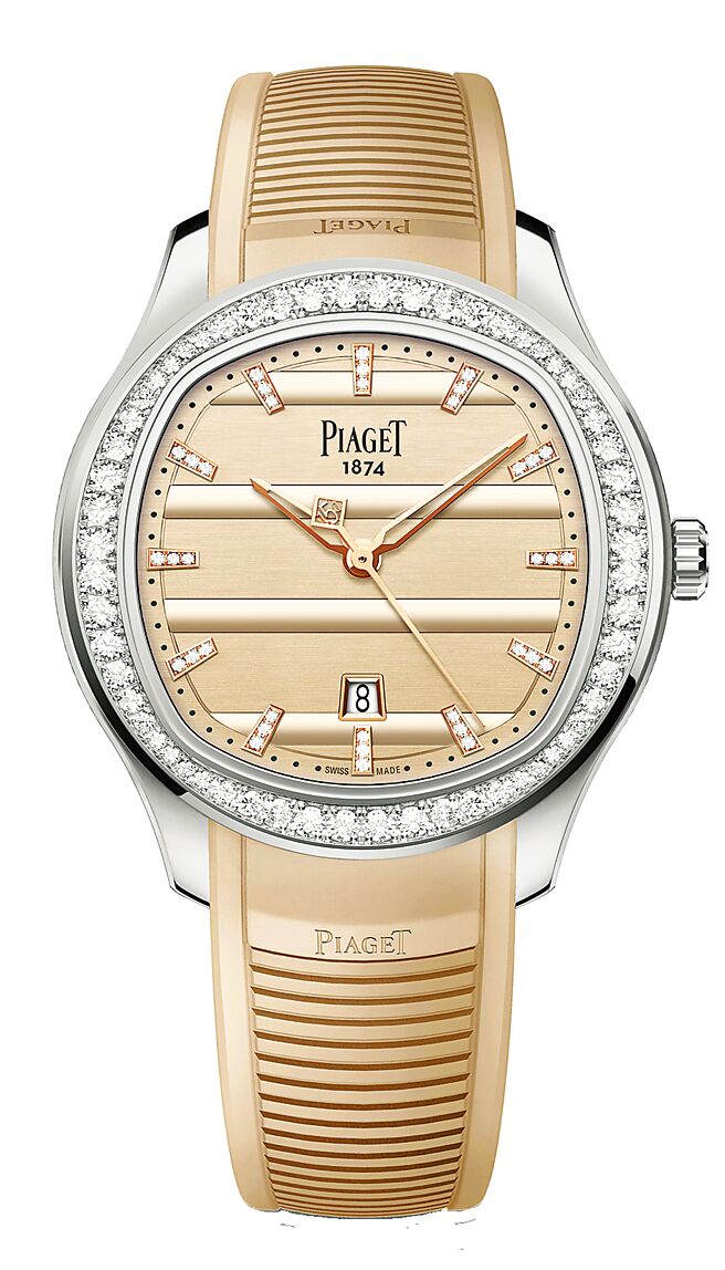 伯爵最新Polo鑲鑽腕表，搭配奶油色橡膠表帶，為伯爵150周年紀念款，全球限量300只。（PIAGET提供）