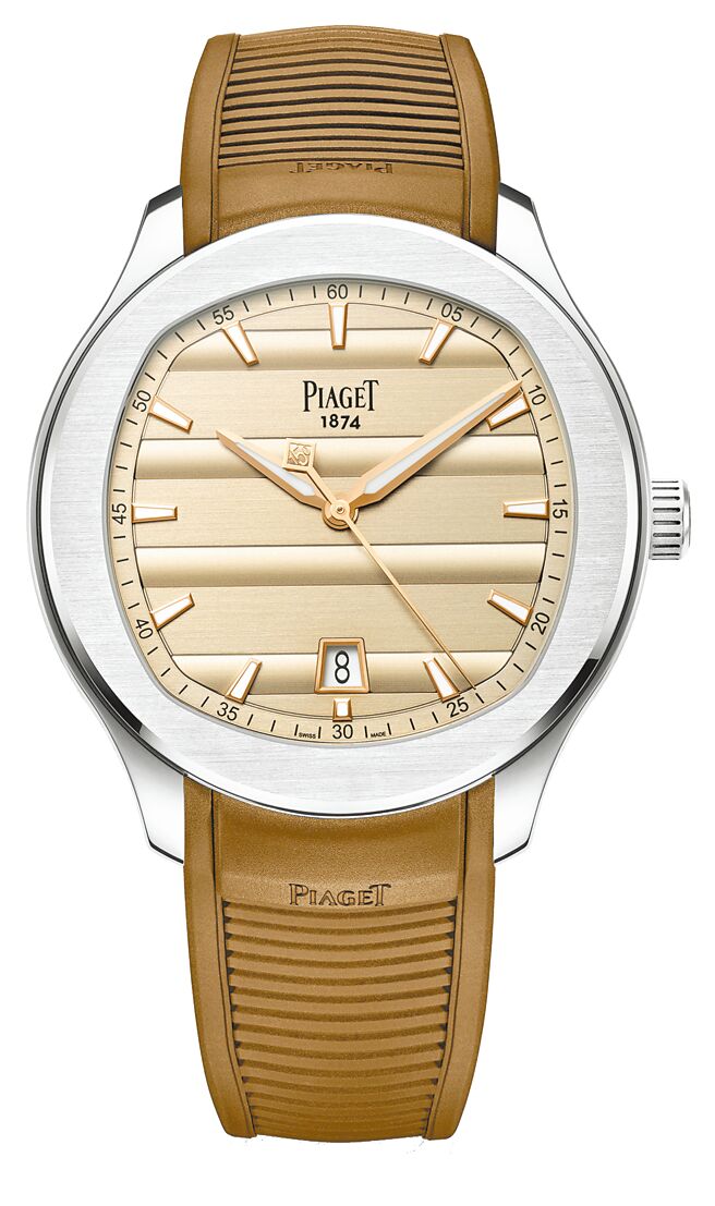 伯爵在表展發表最新Polo腕表，搭配深卡其色橡膠表帶，為伯爵150周年紀念款，全球限量300只。（PIAGET提供）