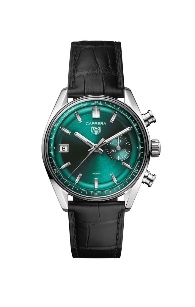 泰格豪雅Carrera計時腕表湖水綠款，21萬5400元。（TAG Heuer提供）