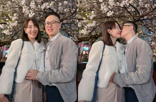 贾永婕和老公王兆杰在樱花树下放闪。（图／贾永婕的跑跳人生 脸书）