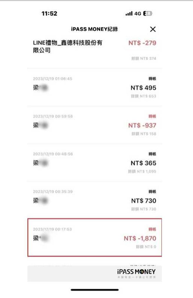 梁女出示A男Line Pay转帐纪录做为证据，强调转帐1870元给自己，只是想开玩笑，纪录中也可以看出梁曾转帐多笔金额给A男。（图／翻摄画面）