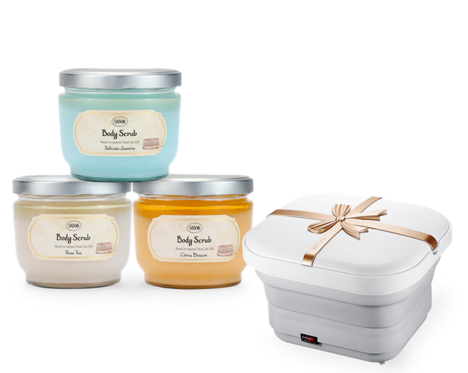 远东巨城1F SABON欢庆母亲节，身体磨砂膏3入送kinyo气泡按摩折迭足浴机，特价6240元。（远东巨城提供）