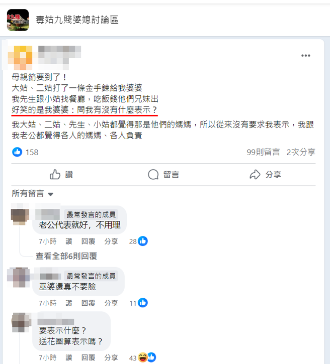 有名媳妇在母亲节似乎没做什么动作，反遭婆婆询问「有没有什么表示？」。（图／翻摄自脸书毒姑九贱婆媳讨论区）