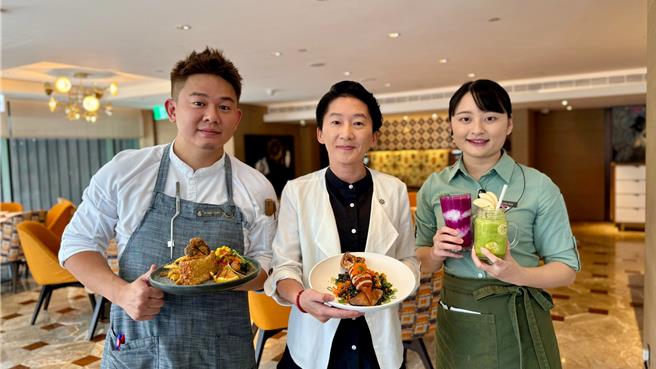 高雄英迪格總經理李叔咸（中）攜手新任主廚陳冠霖坐鎮（左）推出早午餐。（柯宗緯攝）
