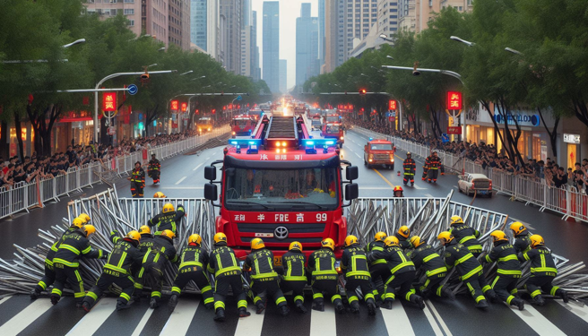 消防車出勤遭柵欄阻擋，隊員們人力破壞柵欄才順利通過。（示意圖、與本案無關／AI生成）