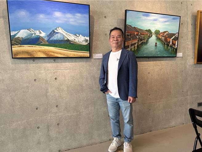 鉅虹建設董事長劉品辰不但投入創作，還在設置於北屯機捷特區的「鉅虹美學館」舉辦油畫創作聯展。（業者提供）