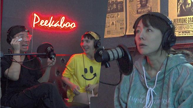 楊琪（右）接受Podcast節目《早安拎娘》主持人拎娘（左圖左）、隆隆（左圖右）專訪，邊說邊落淚。（早安拎娘提供）