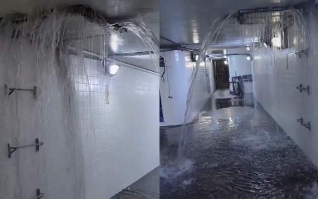 永和地下道上方雨水如瀑布般狂炸，瞬间变成水濂洞。（网友授权提供）