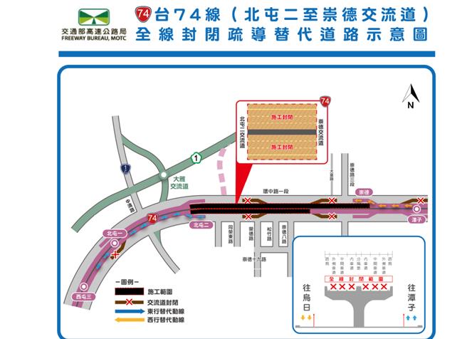 台74线14k＋500至17k＋700（北屯二至崇德间）东西双向主线全部车道，预计18、19日两日21时30分至翌日5时30分暂时封闭，警方呼吁民眾改道。（中市警五分局提供／潘虹恩台中传真）