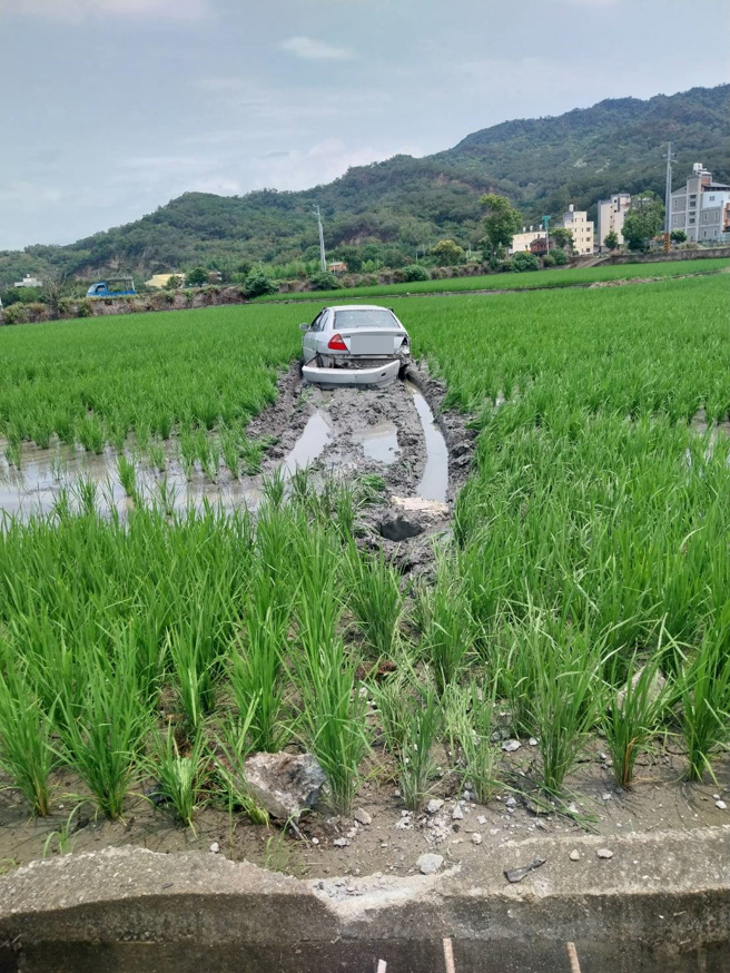 78岁吴姓老翁行经事故路口，车辆突然失控衝入插满秧苗的水稻田中。( 民眾提供 )