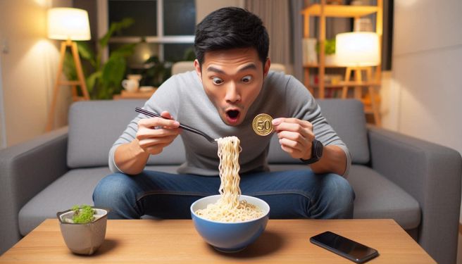 一名網友在外帶的鍋燒意麵內，意外發現一枚50元硬幣，感覺賺到。（示意圖、與本案無關／AI生成）