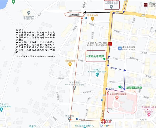 澎湖縣政府公共車船管理處假借中正路底施工為由，偷懶切西瓜，暫停公車駛入整條馬公市中正路，圖為相關位置與路線圖。（許逸民製圖）